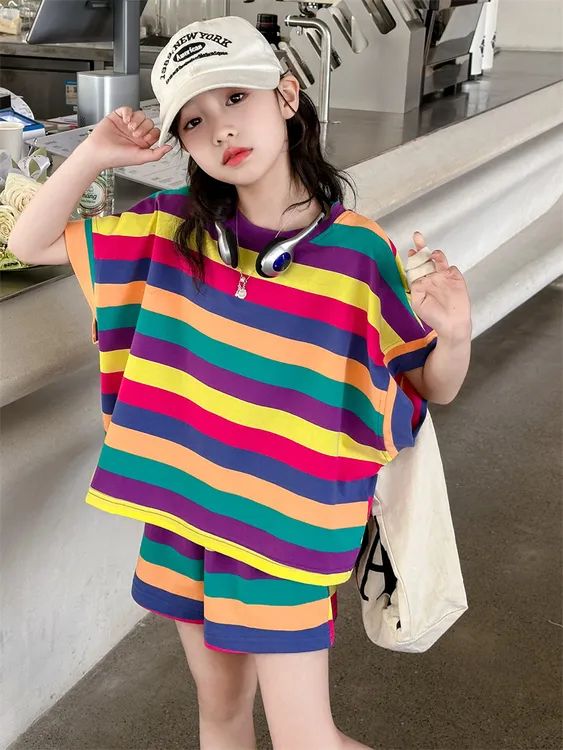 女童夏季中大童洋气休闲网红宽松韩版时尚运动女孩夏装套装条纹