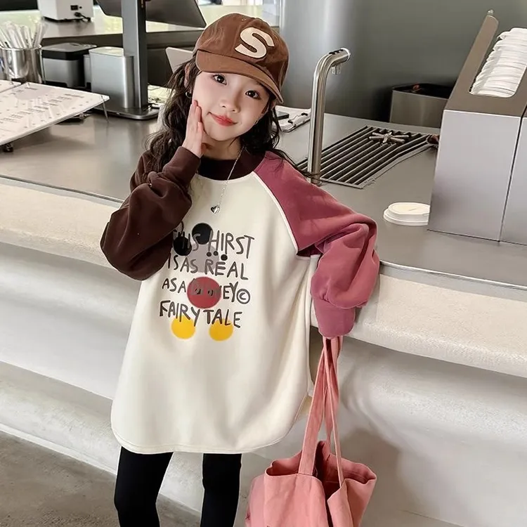 女童秋季2025新款时尚洋气宽松春秋中大童韩版长袖圆领儿童打底