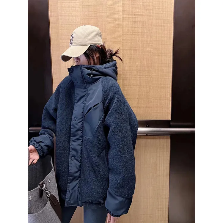 KSKM藏蓝色毛绒外套女2025秋冬新款高级感超好看情侣加厚保暖棉服