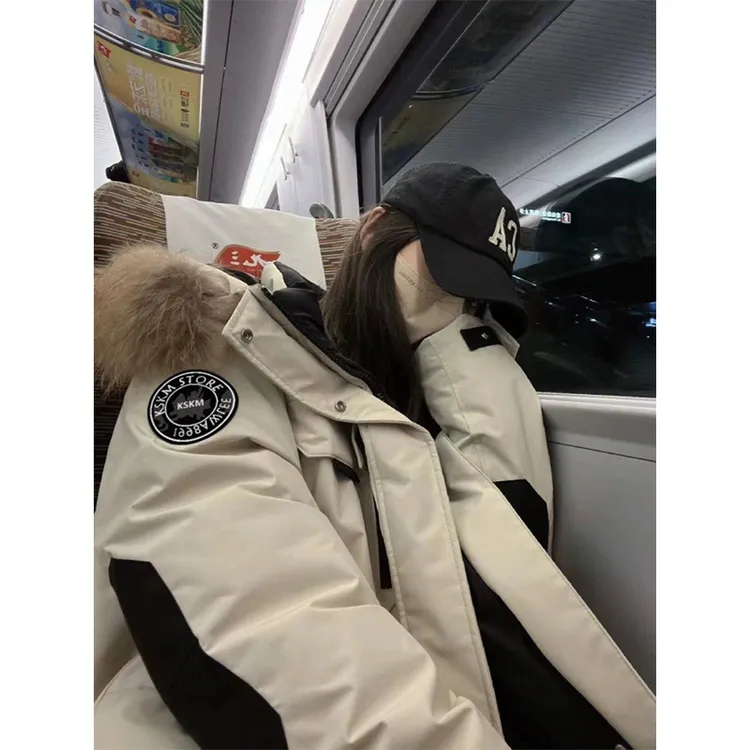 KSKM工装羽绒服女士冬天新款网红中长款大码毛领洋气白鸭绒派克服