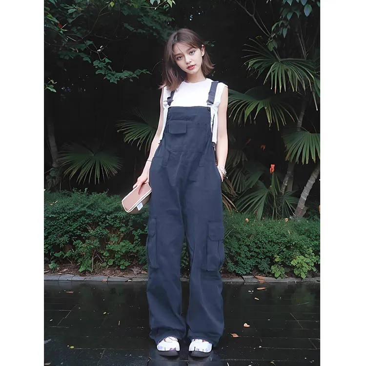 KSKM藏蓝色工装背带裤女2025春夏美式复古休闲风时尚百搭高腰裤子