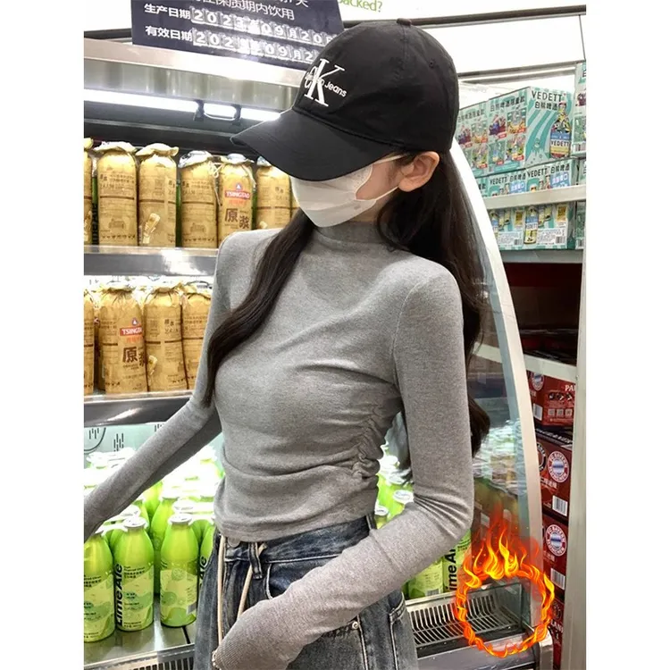 半高领内搭打底衫女秋冬短款修身褶皱设计感磨毛加绒t恤长袖上衣