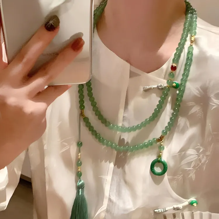 合金玻璃项链 宫廷风新中式时尚长款斜挎珠链轻奢马面裙百搭项链