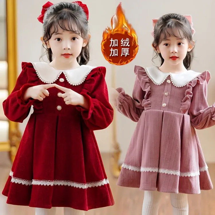 女童连衣裙春秋装加绒加厚中小儿童裙子拜年服长袖洋气女孩公主裙