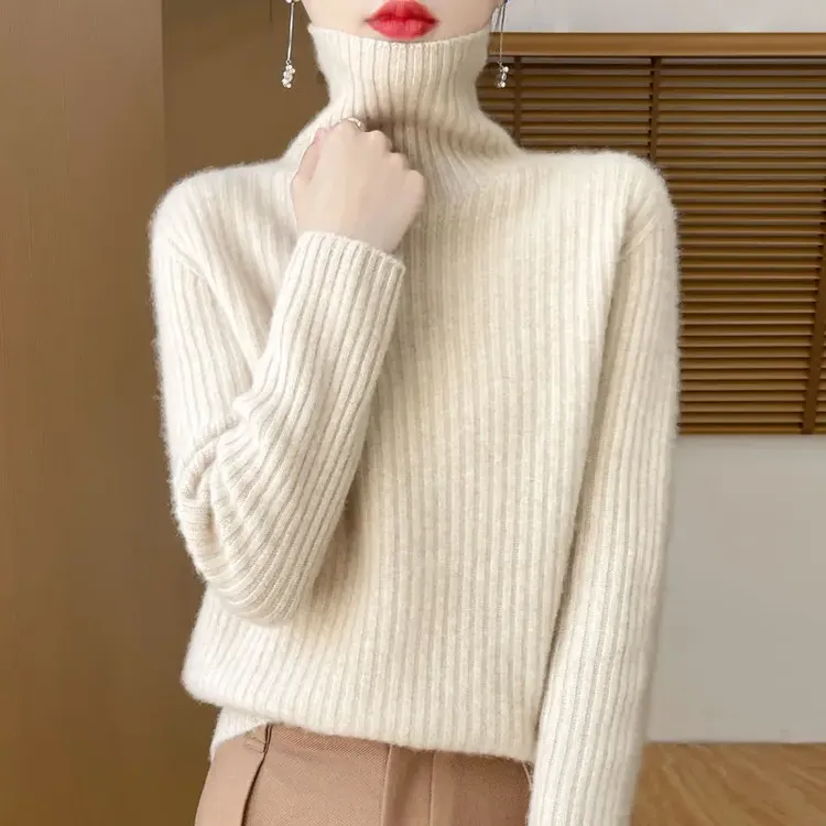 专柜同款秋冬堆堆领100女羊绒衫高领宽松针织羊毛衫加厚纯色毛衣
