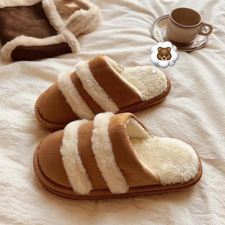 超暖毛毛鞋~！秋冬加绒2024新款保暖ins风居家一字平底包头棉拖女