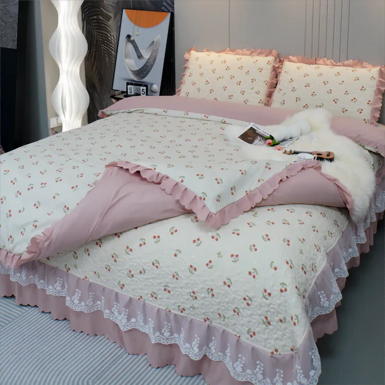 单床盖单被套一对枕套四季韩式床裙蕾丝新款空调被机洗床上用品