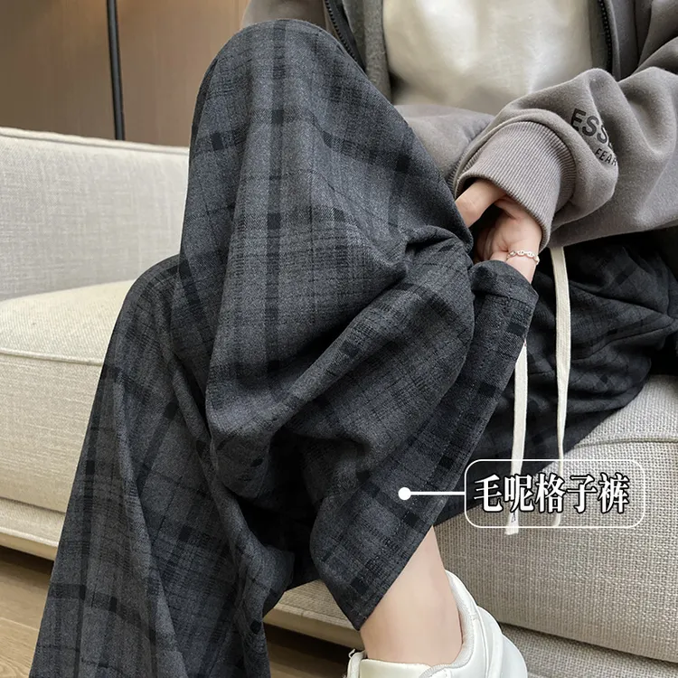 黑色格子裤子女2024春秋新款高腰垂感宽松慵懒风复古直筒阔腿长裤