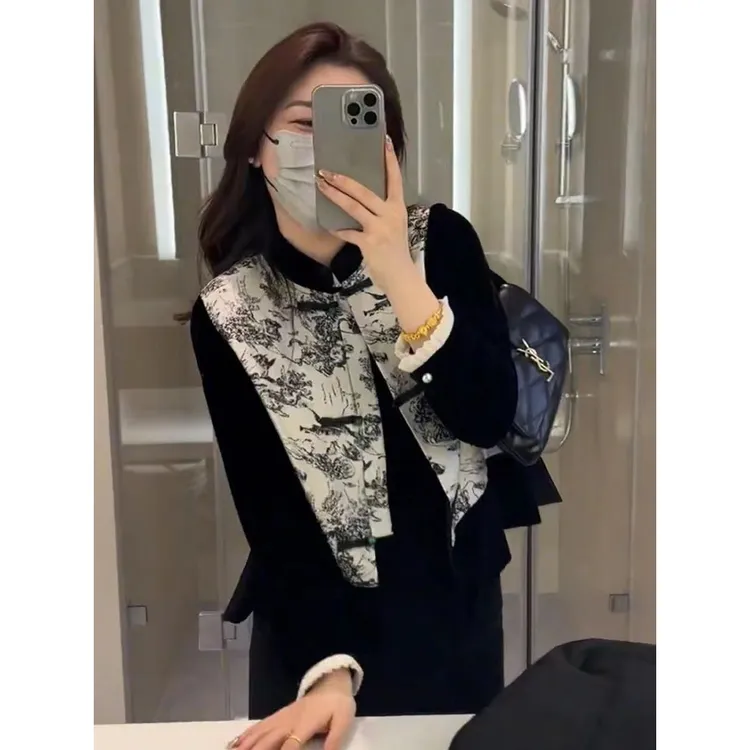 新中式国风盘扣马甲女坎肩2025春季新款立领小众水墨花马夹上衣女