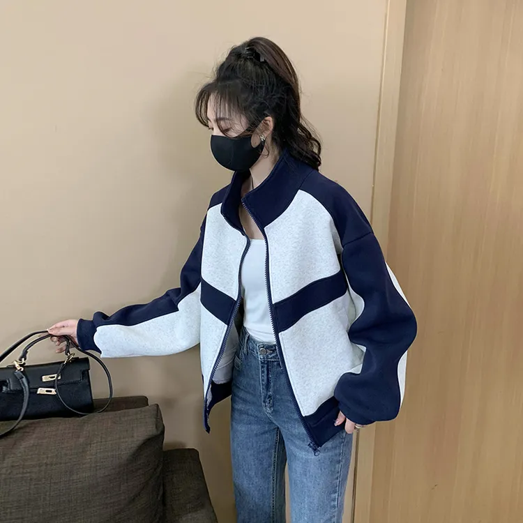 欧洲站小个子宽松时尚休闲拼色立领外套春款休闲运动上衣短款女潮