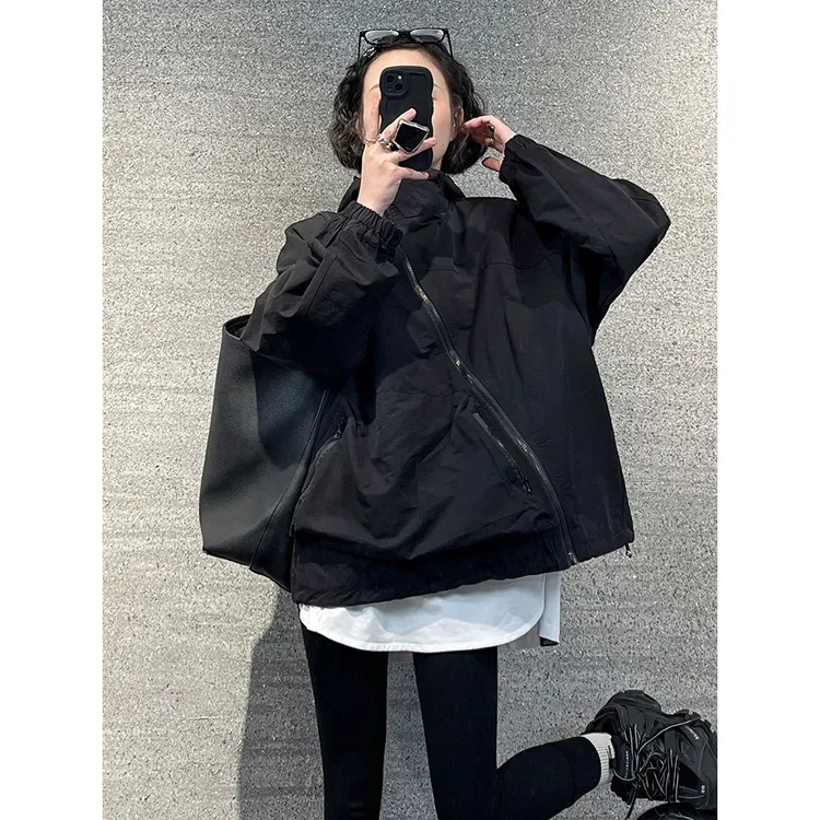 黑色欧货斜拉链连帽外套女春秋新款春季设计感休闲冲锋衣炸街