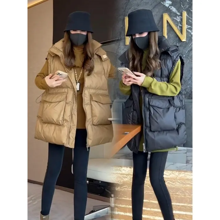 欧货2023新款秋冬连帽棉马甲女韩版外穿背心时尚坎肩中长马夹外套