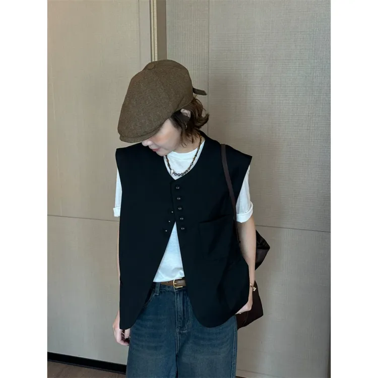 欧货无袖西装马甲上衣女2025春秋chic韩版宽松单排扣休闲短款外套