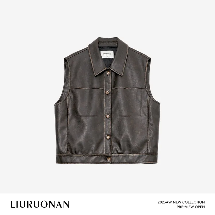 LIURUONAN 23AW 【神奇马甲】外搭polo翻领设计感皮衣马夹无袖外套