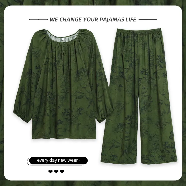 中国风圆领棉绸女家居服套装薄款睡衣可外穿长款家居服套装
