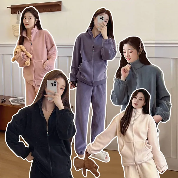 海豚绒冬季新款加厚睡衣女纯色休闲套装奥粒绒加绒保暖拉链家居服