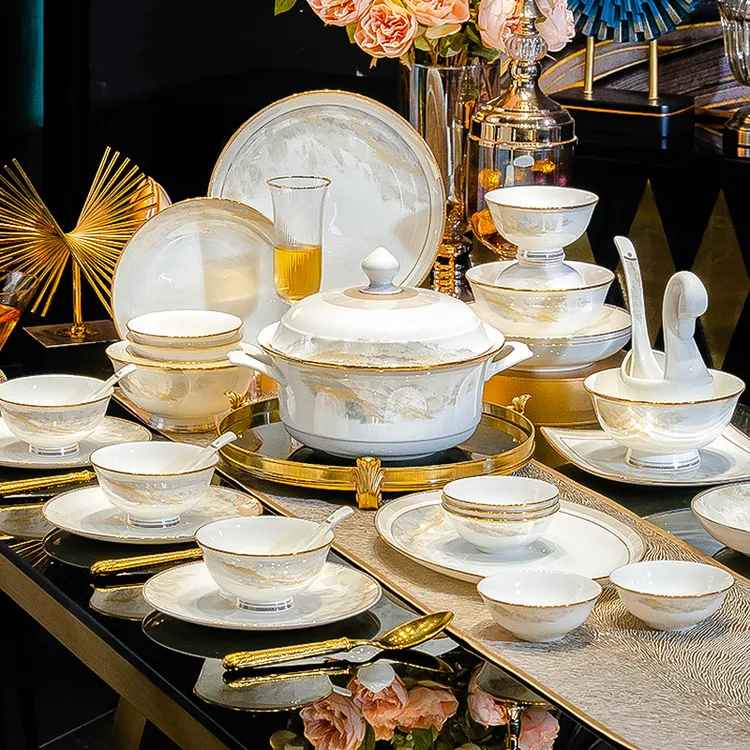 乔迁新居组合高档餐具景德镇白瓷餐具套装轻奢碗盘一套家庭用餐具