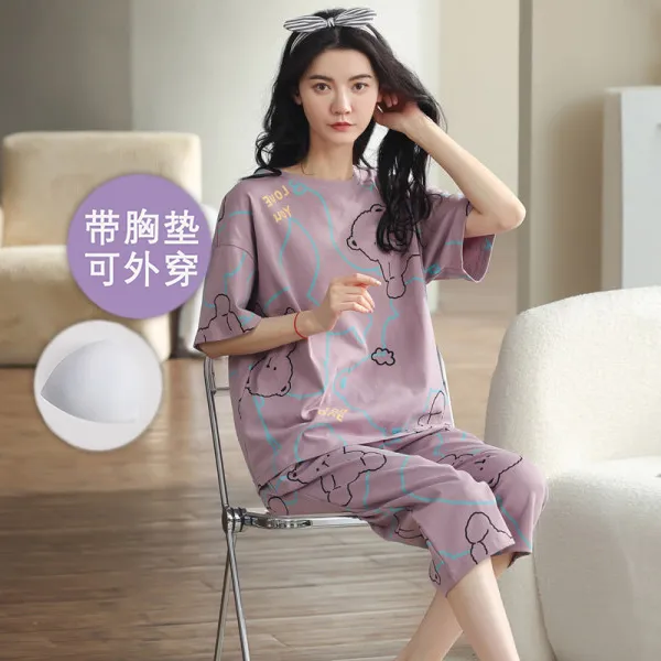 爆款2025新款高级感短袖纯棉睡衣女春秋宽松可外穿夏天家居服套装