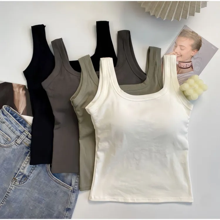 新款纯色露背吊带背心女辣妹美背百搭修身外穿带胸垫外穿打底上衣