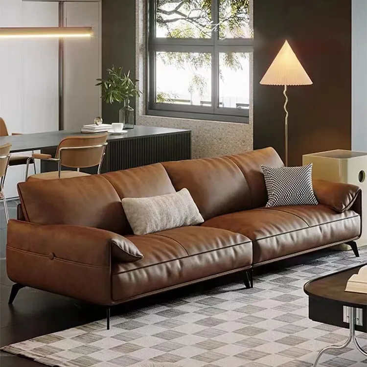 狄䇤意式极简大象耳朵高脚真牛皮沙发大小户型复古风头层牛皮沙发