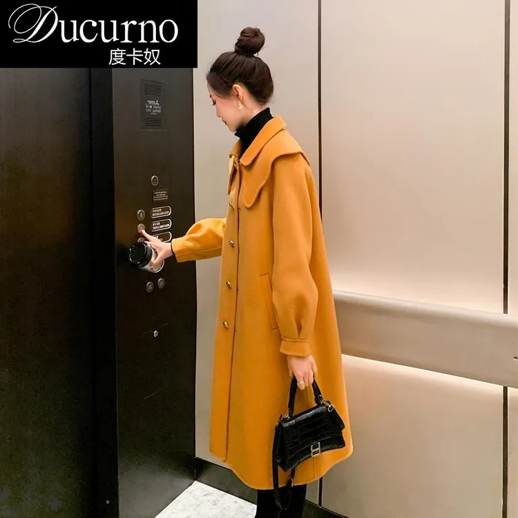 娃娃领2025年秋季新款韩版大衣女单排扣中长款呢子毛呢双面女