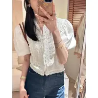 【吉满】韩系法式简约V领蕾丝拼接短款衬衣JM2209