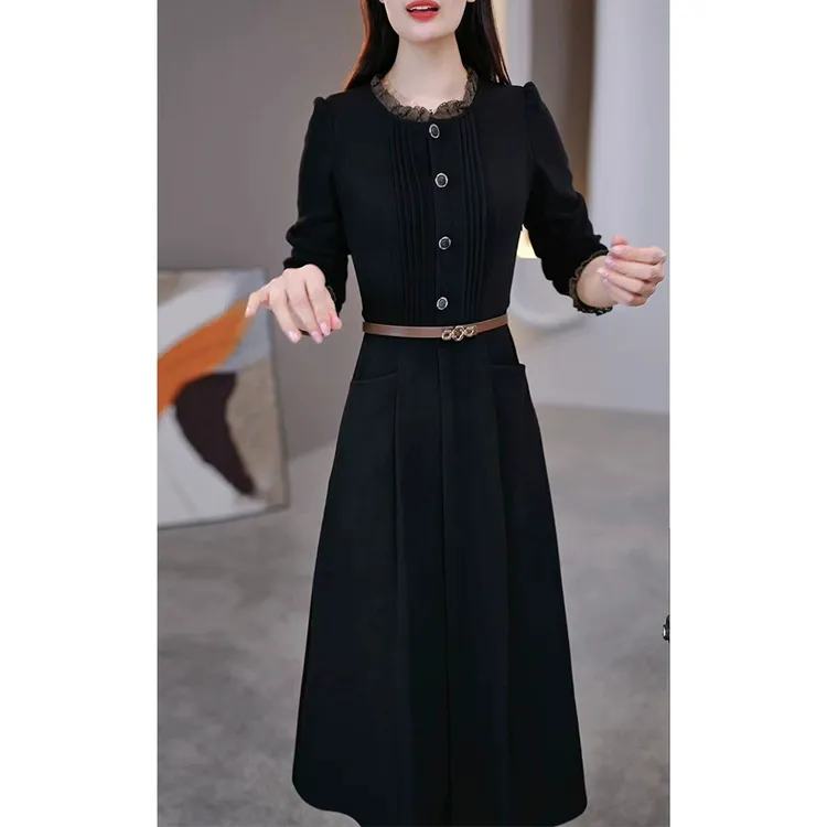 时尚黑色连衣裙2025新款韩版时尚潮流显瘦减龄遮肚中长款字裙