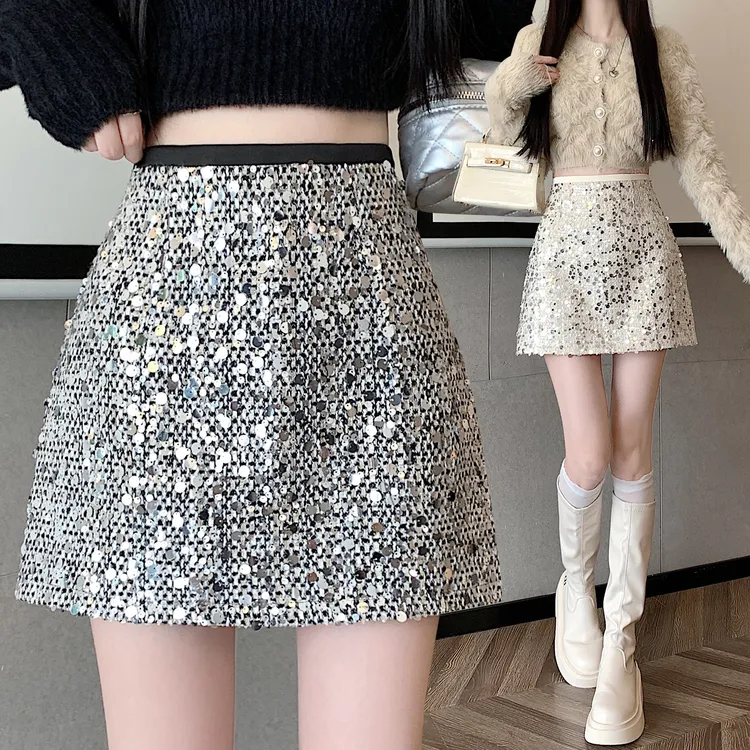 小香风亮片半身裙2025高腰显瘦辣妹风包臀短裙秋冬季新款百搭时尚