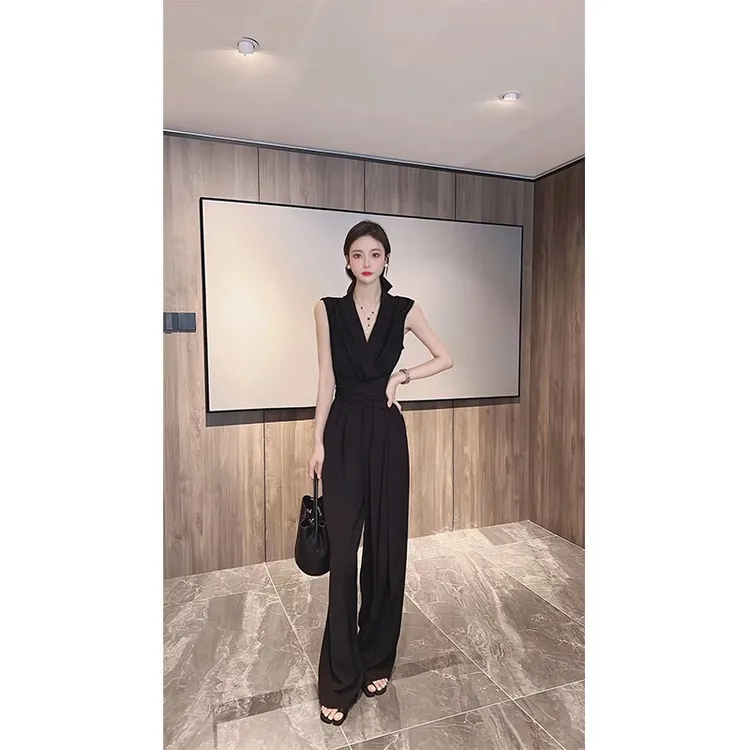 夏季阔腿连体裤显瘦法式时尚休闲小个子黑色气质高腰垂感宽松韩版