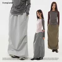 Crying center/哭喊中心卡其灰橡筋腰抽绳空气工装长半裙