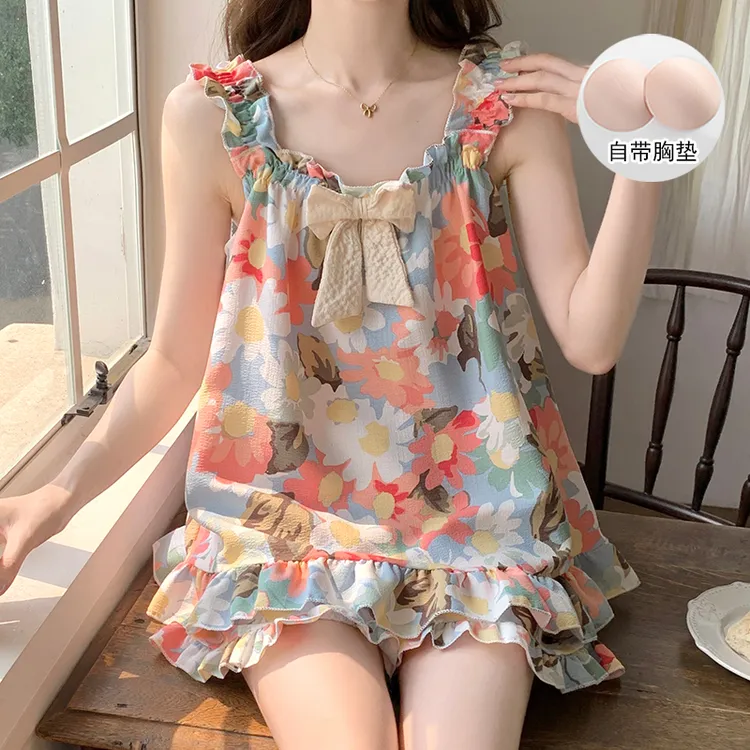带胸垫睡衣女夏季薄款吊带无袖甜美公主宽松薄款太阳花家居服套装