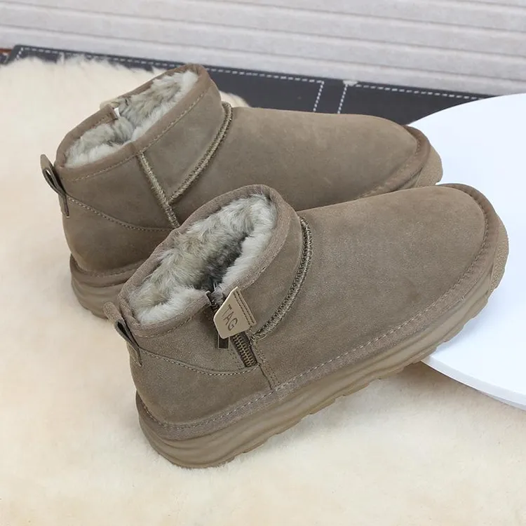 8654拉链纯羊毛雪地靴男牛皮低帮皮毛一体冬东北保暖棉鞋防滑短靴