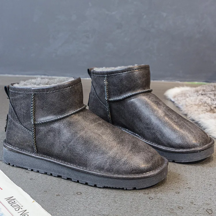 牛皮羊毛雪地靴男低帮韩版时尚防水防滑皮面平底加绒加厚保暖棉鞋