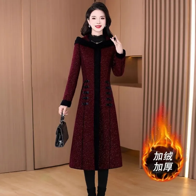 喜婆婆加绒小香风高级感仿毛呢外套女2024秋冬新款本命年品牌大衣