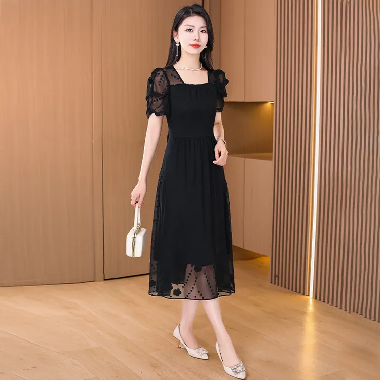 时尚连衣裙品牌妈妈女装2025新款夏季黑色优雅轻奢气质小个子裙子