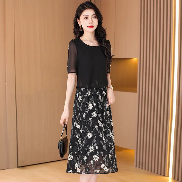 假两件连衣裙女夏季2025新款贵夫人时尚高端庄大气雪纺裙子靓衣佰