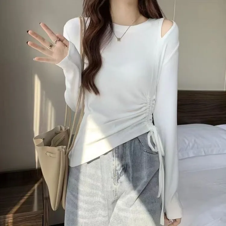 露肩气质长袖t恤女春秋新款修身不规则抽绳打底衫百搭上衣潮