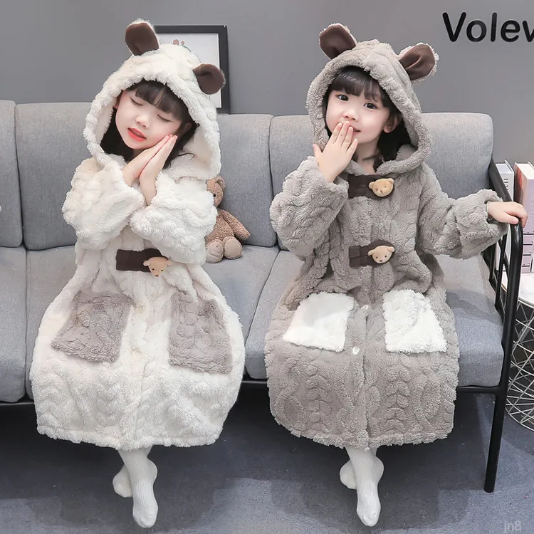 女童睡袍睡衣秋冬季加厚珊瑚绒保暖宝宝法兰绒儿童冬款小童家居服