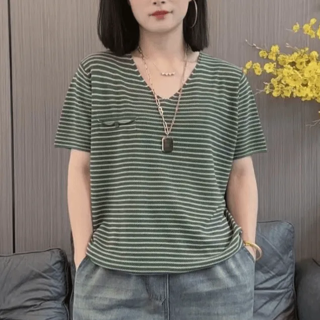 V领百搭条纹短袖休闲时尚t恤女夏季宽松显瘦遮肉上衣高档胖MM小衫