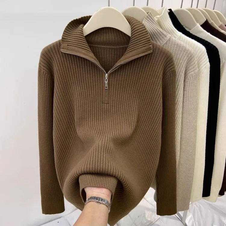 纯色半高领拉链套头毛衣女秋冬大码时尚简约打底衫显瘦长袖上衣