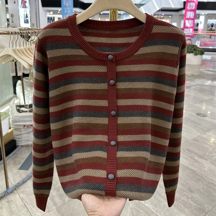 大码女条纹毛衣韩版宽松针织衫撞色打底上衣粘胶纤维圆领长袖秋冬