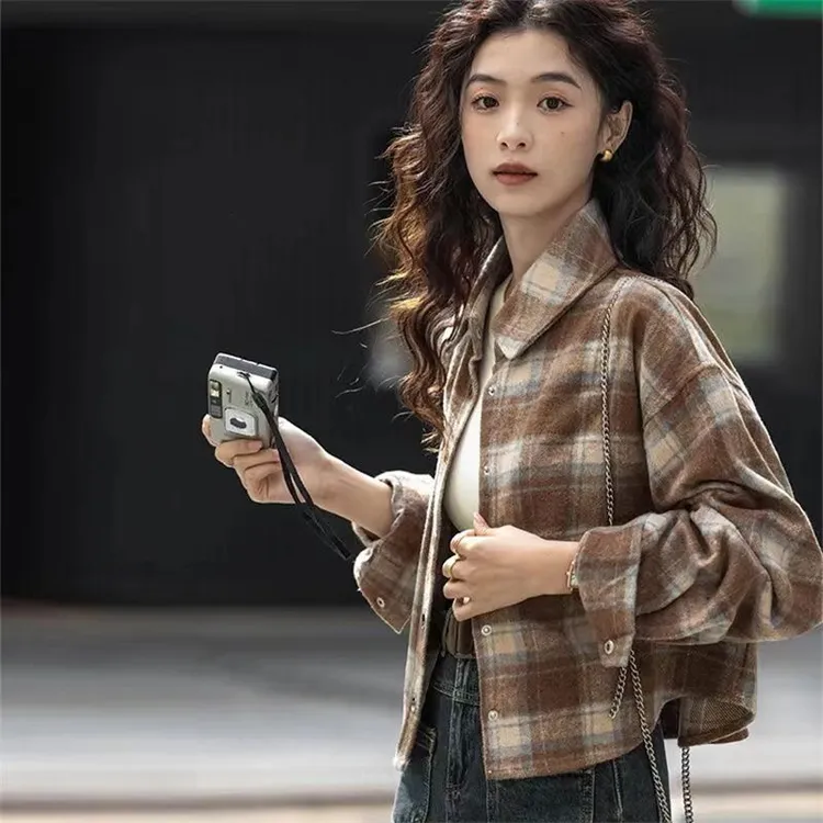 港风复古磨毛宽松格子衬衣春秋秋冬新款小个子短款长袖外套衬衫女