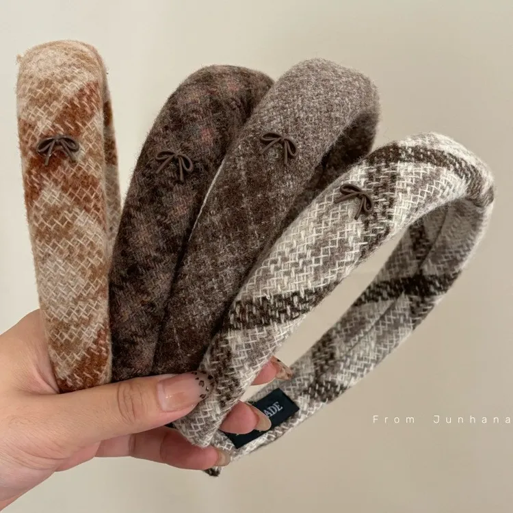 复古格子棕色英伦发箍女新款秋冬毛绒洗脸压发头箍高颅顶发卡