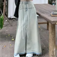 复古水洗做旧牛仔半身裙女2025春季新款高腰开叉毛边宽松系带裙子
