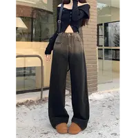 黑灰渐变撞色设计感阔腿牛仔裤女2025新款高腰宽松垂感百搭直筒裤