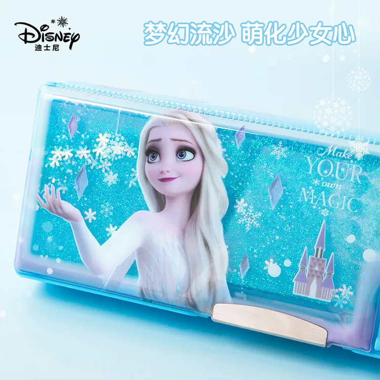迪士尼儿童流沙文具盒多功能大容量双层塑料笔盒女孩小学生可爱卡