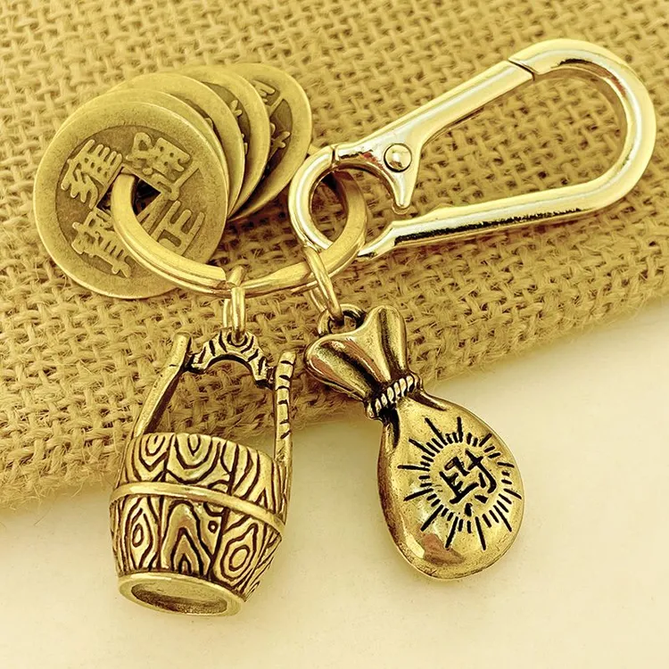 黄铜福桶男女一桶生财挂件财富袋五帝钱十二生肖钥匙扣