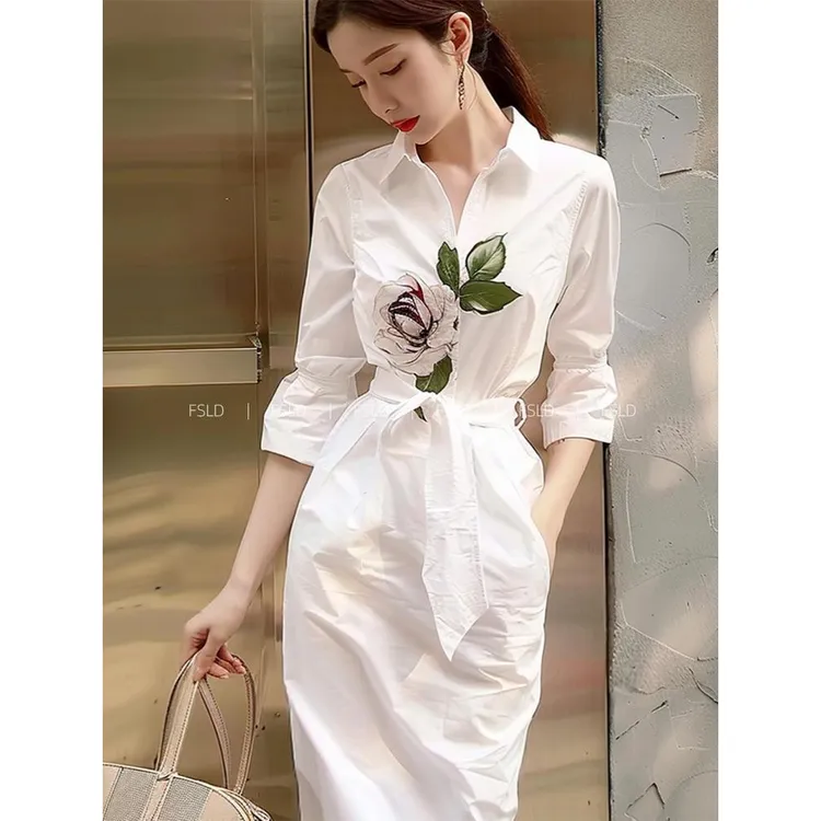 小个子显高冷淡风白色印花衬衫连衣裙子女2024新款夏季轻奢高级感