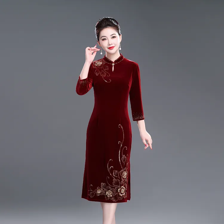 春秋女办婚礼结婚妈妈装喜婆婆高档显瘦金丝绒婚宴礼服婚礼旗袍裙