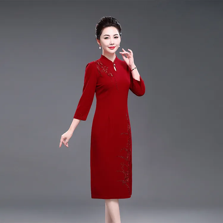 春秋结婚妈妈装高档显瘦红色喜庆婚宴礼服连衣裙喜婆婆婚礼旗袍裙